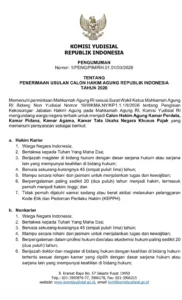 Pendaftaran Calon Hakim Agung 2026 – Komisi Yudisial Buka Peluang